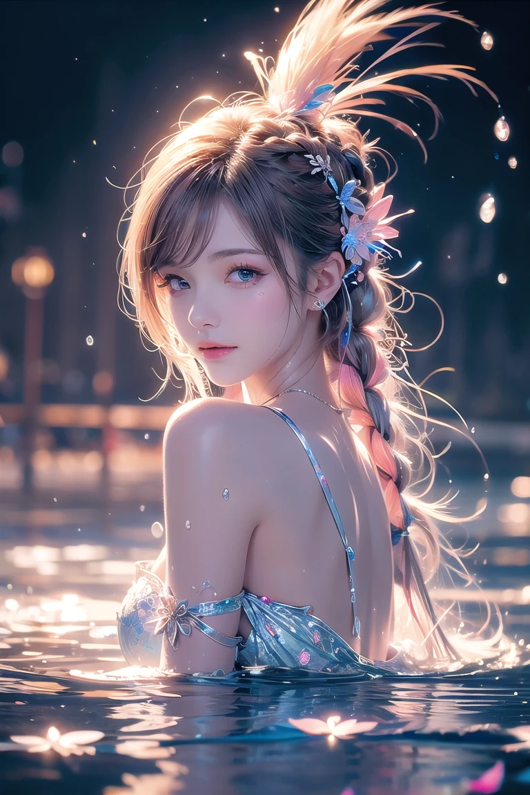 1 Girl, female water spirit, watercolor hair, There is spring water inside, Put a few drops of water on your skin,