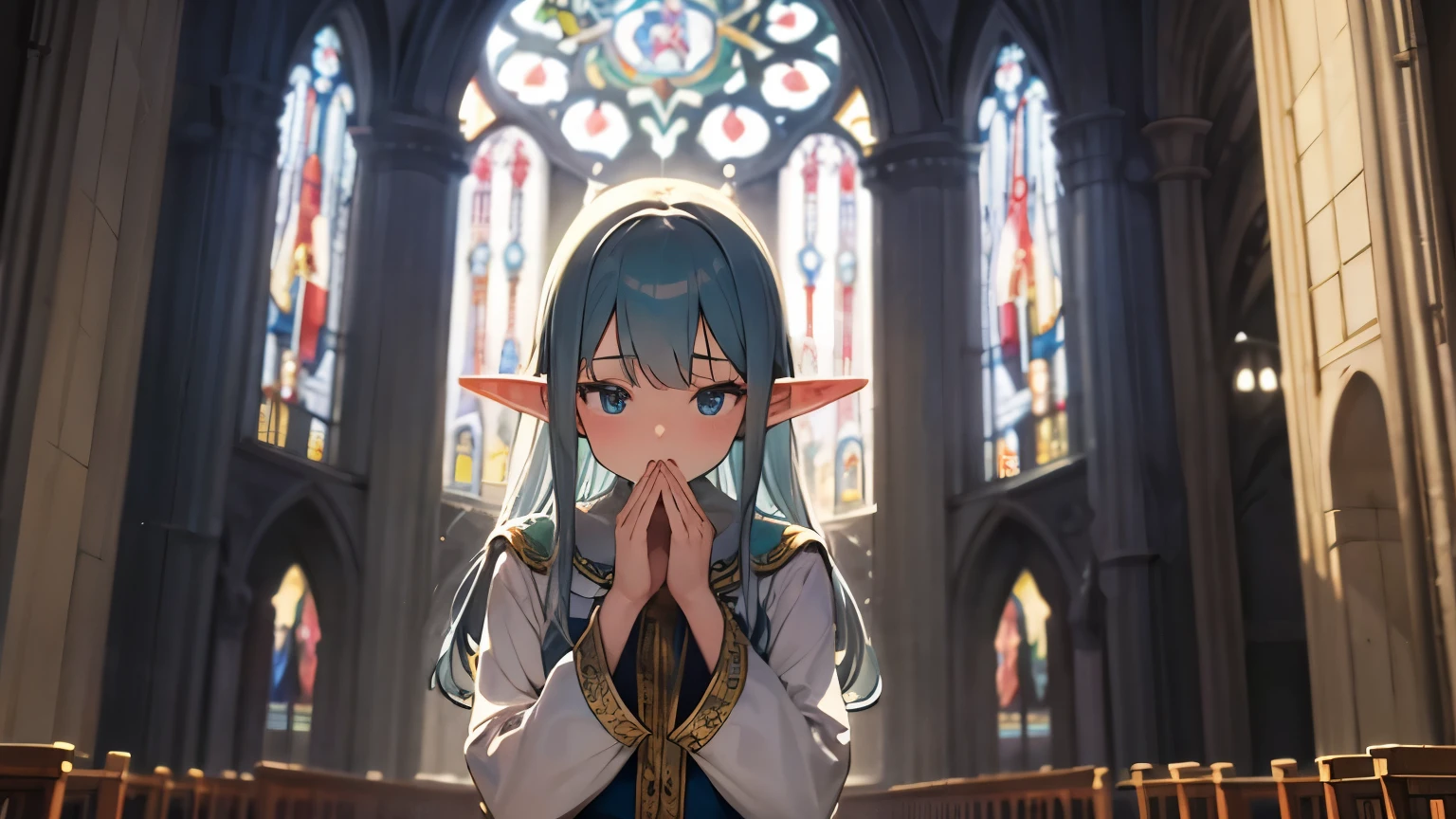 Elf girl praying in the cathedral Face is clearly reflected