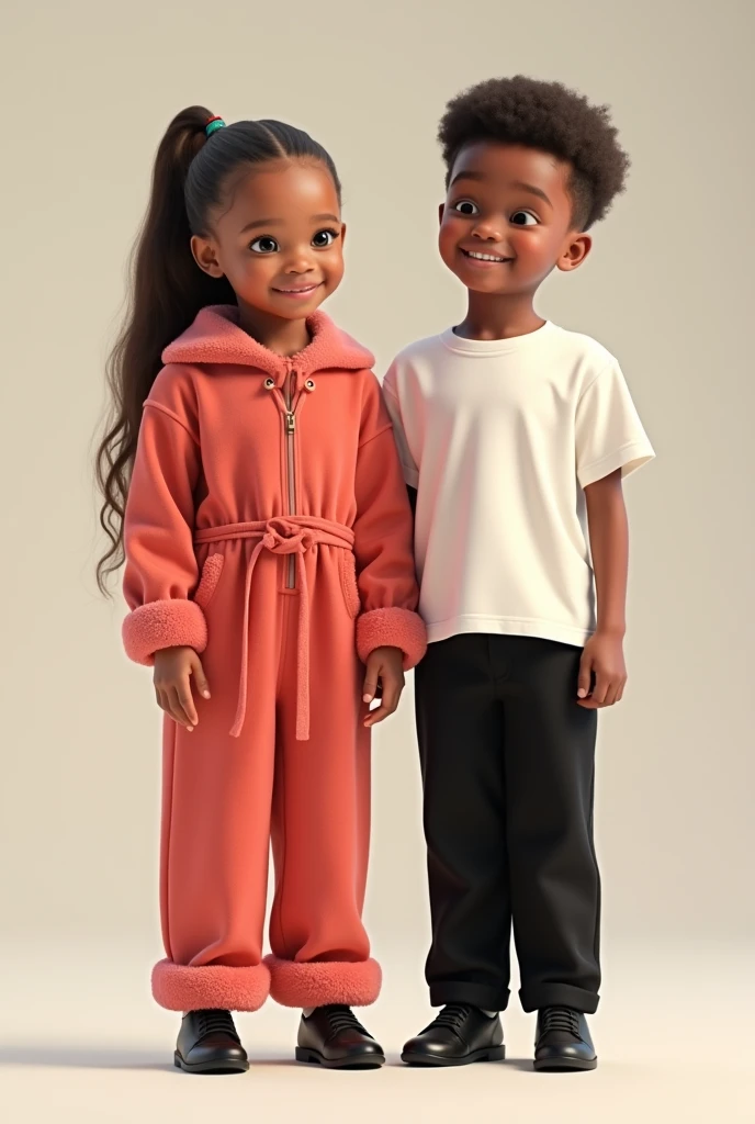 A kid wearing velvet material jumpsuit of a fruit guava , standing with another kid wearing a white T shirt and black pant with black shoe