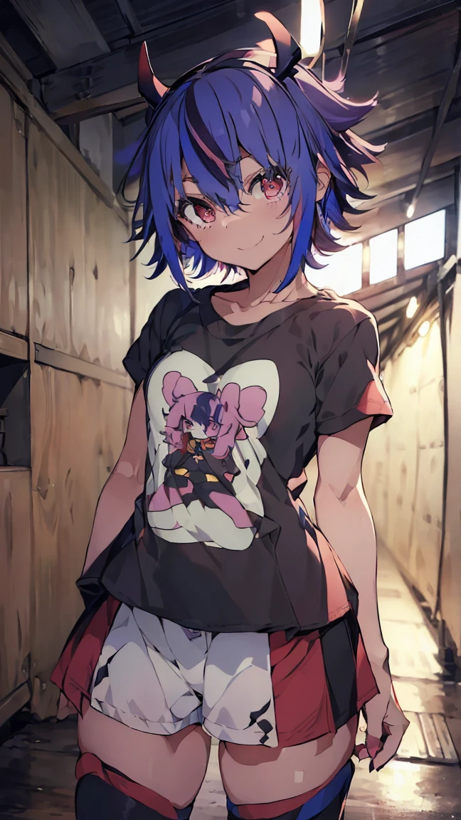 masterpiece, Highest quality, High resolution, Very detailed,(((Mikoto Naruka))), (((smile)))、(((Standing in the distance))), (((tunnel))), (((Neon Light))), (((Lane))), (((Wearing a black T-shirt。))), (((hot pants))), (((Multicolored Hair))), (((horn))), (((Pink Eyes)))