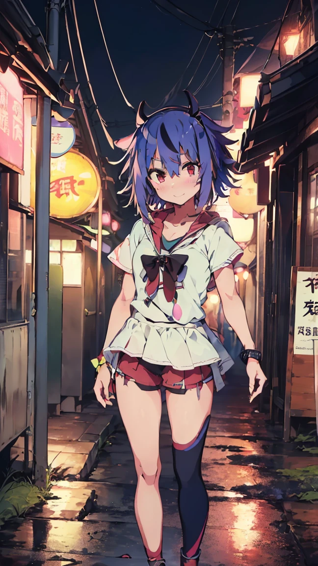 masterpiece, Highest quality, High resolution, Very detailed,(((Mikoto Naruka))), (((smile)))、(((Standing in the distance))), (((tunnel))), (((Neon Light))), (((Lane))), (((Wearing a black T-shirt。))), (((hot pants))), (((Multicolored Hair))), (((horn))), (((Pink Eyes)))