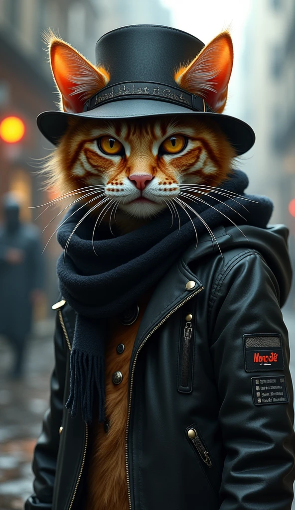 Cat with hat and scarf, Trendy Artstation, Punk Costume, Detailed ultra-realistic rendering, British gang members, Street Style, intimidating gesture, Planet of Cats, Fashionable outfits, City Warrior, meow, West Slavic traits, 8 1 5