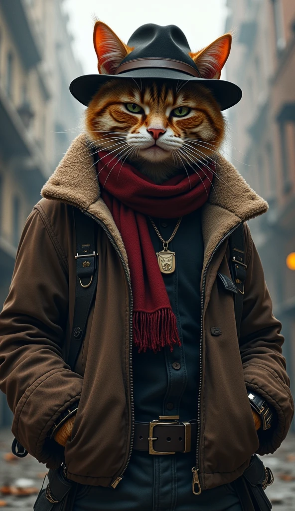 Cat with hat and scarf, Trendy Artstation, Punk Costume, Detailed ultra-realistic rendering, British gang members, Street Style, intimidating gesture, Planet of Cats, Fashionable outfits, City Warrior, meow, West Slavic traits, 8 1 5