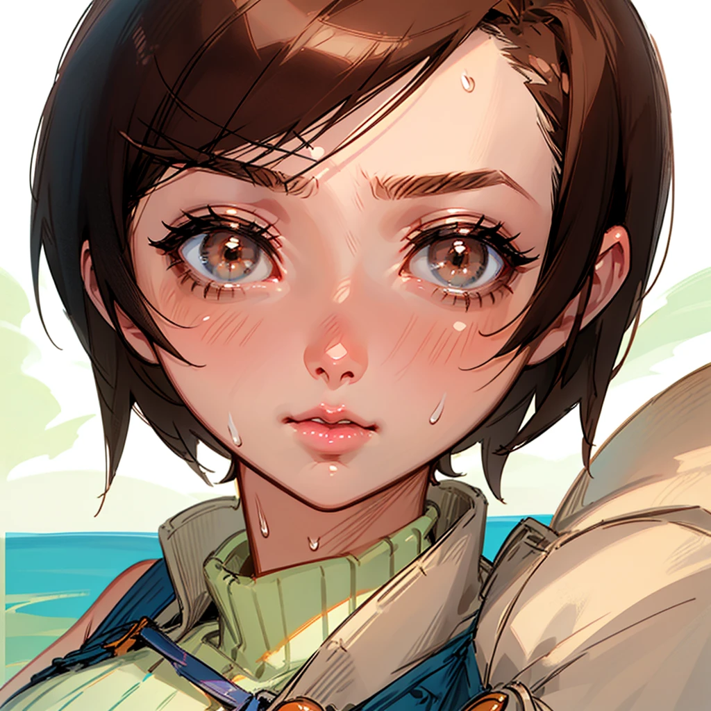 Hmm_Kisaragi_01 , ((Front-facing person)), Put your arms forward, View your viewers, Begging for a kiss, Brown eyes, short hair, head band, Brown Hair, Sleeveless turtleneck, Crop top, Beach, Sweat, Enchanted,Lips, Lips parted,(((Face Focus))),Close-up shot,