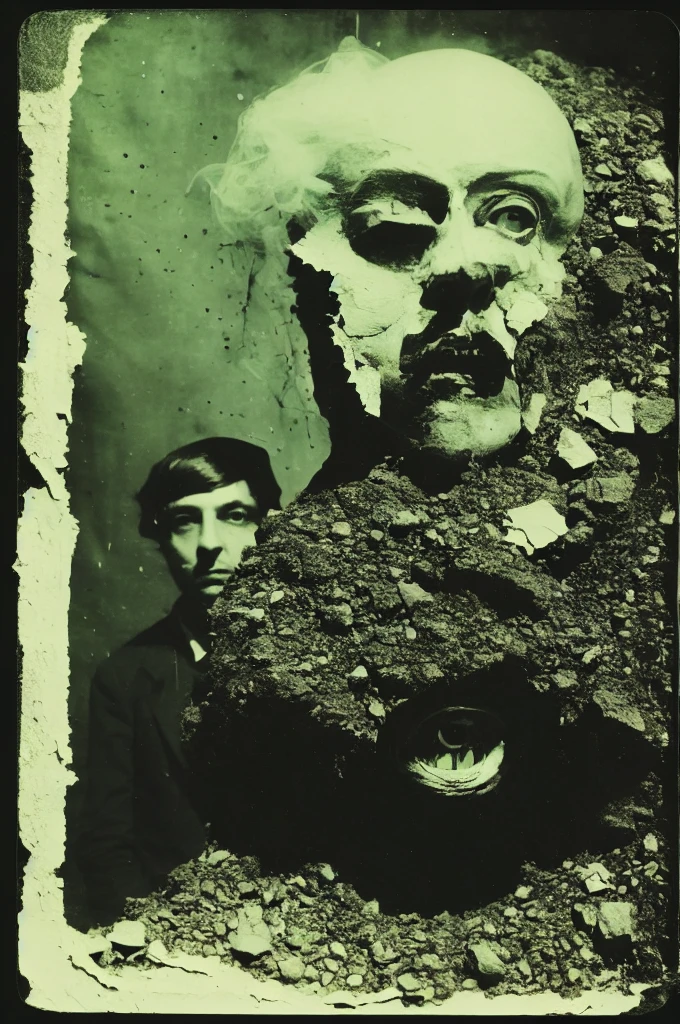 trivial uncanny freak show, damaged analog photo, found footage, mystic,eerie,gloomy,obscure