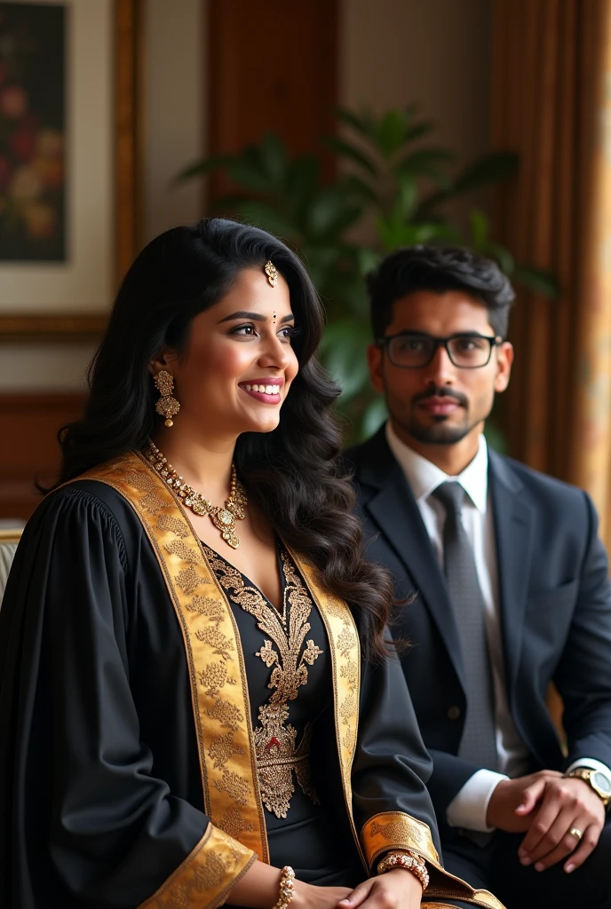  Wearing full body  Academic regalia  wealthy sri lankan average beautiful girl(big  large breasts and butt) sit with sri lankan wealthy age 35 young spec's man (software,electrical,garments companies owner)