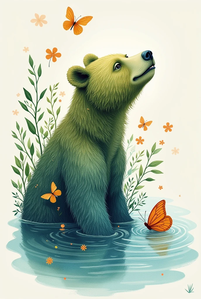 A natural and charming print that fuses elements of nature: Water, butterfly and bear, to create a harmonious and attractive design