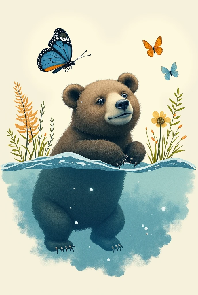 A natural and charming print that fuses elements of nature: Water, butterfly and bear, to create a harmonious and attractive design