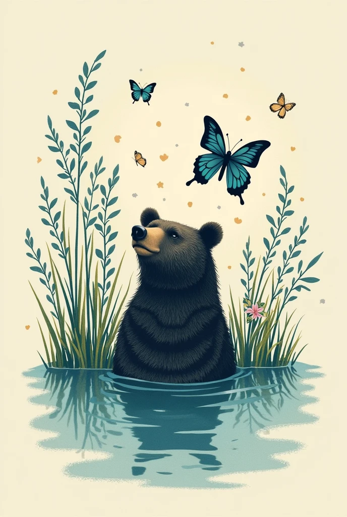 A natural and charming print that fuses elements of nature: Water, butterfly and bear, to create a harmonious and attractive design
