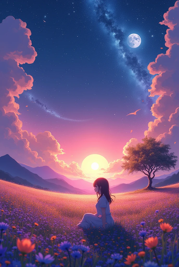 wide landscape photography, (seen from below, the sky is above, and the open field is below), Anime girl sitting in a field of colorful flowers and looking up, (full moon: 1.2), (meteor: 0.9), (nebula: 1.3), distant mountain shooting star, tree BREAK craft art, (warm light: 1.2), (fire Fly: 1.2), light, lots of purple and orange, intricate details, colorful palette,Volume lighting BREAK (masterpiece: 1.2), (highest quality), 4k, super detailed, (dynamic composition: 1.4), Rich details and colors, (Rainbow-colored: 1.2), (shine, atmosphere lighting), dream-like, Magic, (alone: 1.2),
