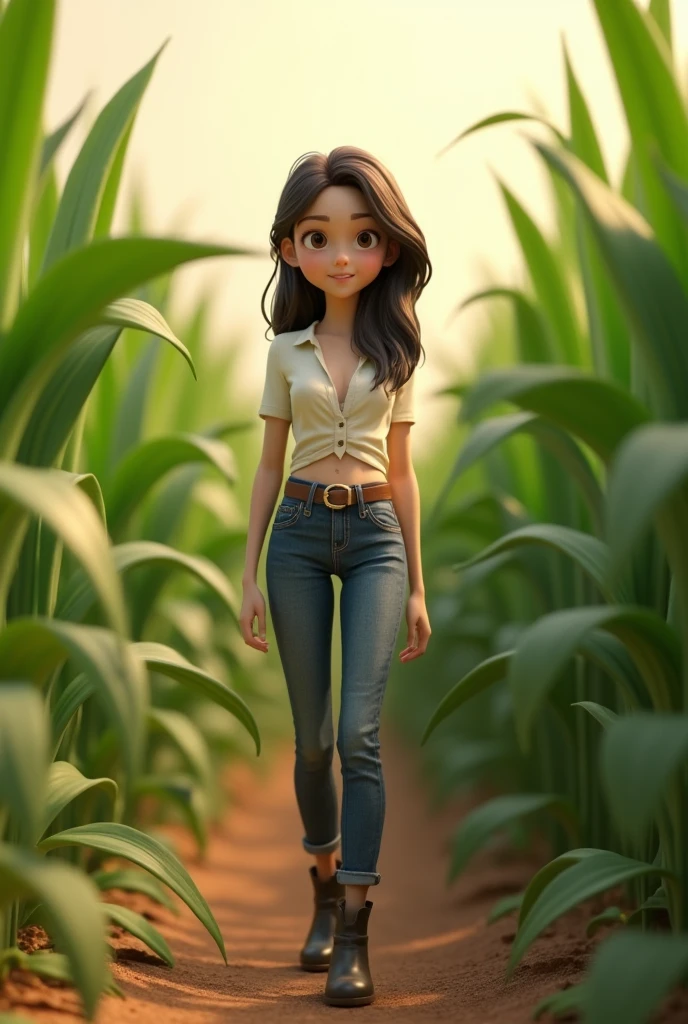 3d animation, 20-year-old girl, agronomist, thin body, with white skin, large, with medium-length dark brown hair, wearing jeans with a buckle belt, wearing ankle boots, with a short blouse showing her belly, in the middle to a sorghum plantation