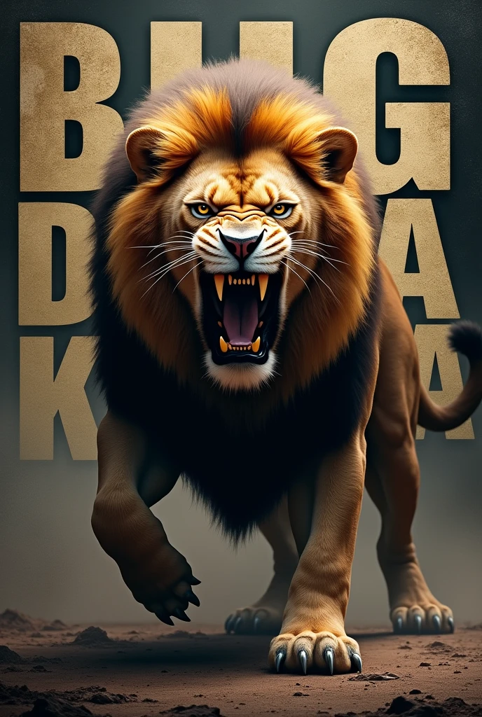 Big Daekota text in background of aggressive lion
