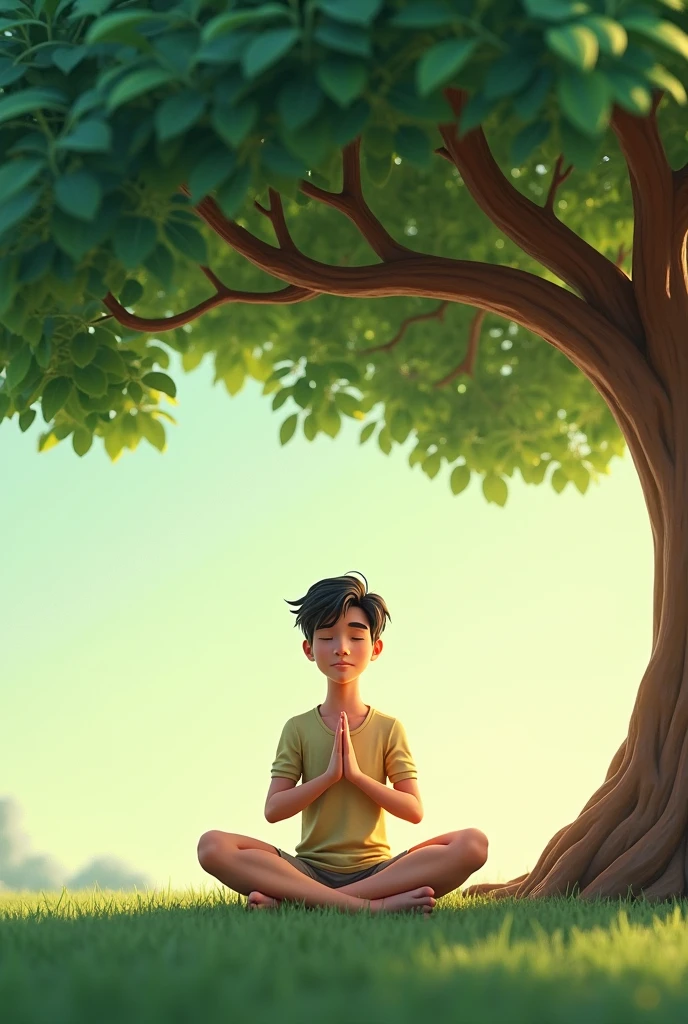 18+young tall boy sitting under a tree pray ai 3d image cartoon type 