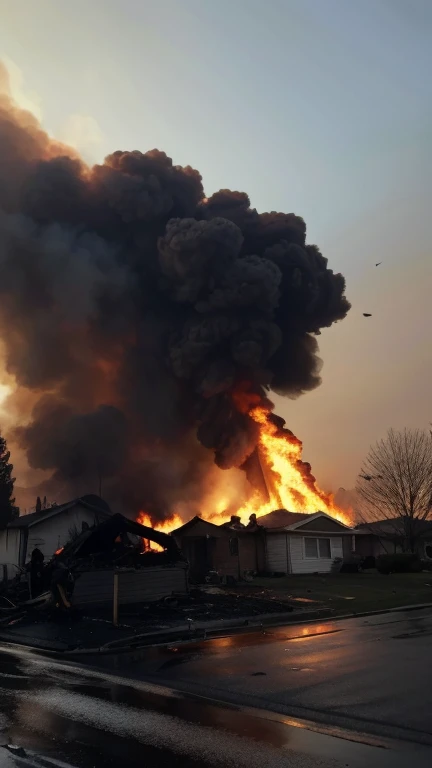 images of burning houses, residents evacuating, and charred landscapes