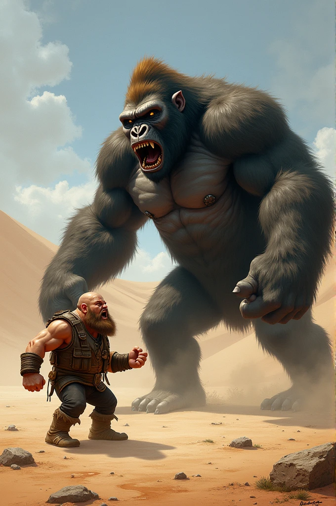 A dwarf shouting at a gorilla in a desert 