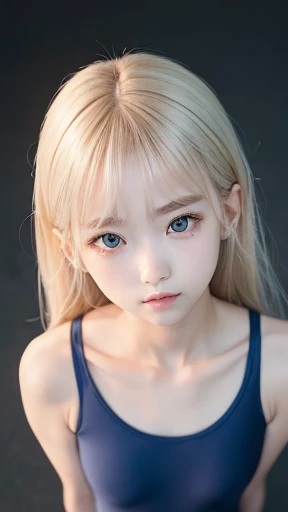 ((from above:1.5)),((((sfw:1.5)))),((sfw:1.5)),((sfw:1.5)),((sfw:1.5)),((Upper Body:1.5)) Korean Asian r Photos、((Beautiful and cute idol girl:1.5))、Platinum Blonde Hair、11yo,Naow eyes:1.5、Thin face、Thin neck、((Slim body)),((skinny):1.5),((Flat chest:1.5)),((clavicle)),((Narrow eyes:1.5))、(Thin arms)、(Thin neck)、(Thin lips)、A small smile、Thin arms、(Dark blue school swimsuit:1.5),cameltoe