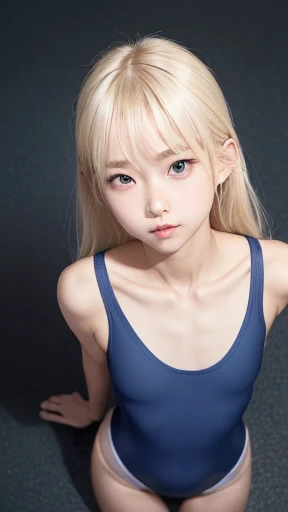((from above:1.5)),((((sfw:1.5)))),((sfw:1.5)),((sfw:1.5)),((sfw:1.5)),((Upper Body:1.5)) Korean Asian Teenager Photos、((Beautiful and cute idol girl:1.5))、Platinum Blonde Hair、11yo,Narrow eyes:1.5、Thin face、Thin neck、((Slim body)),((skinny):1.5),((Flat chest:1.5)),((clavicle)),((Narrow eyes:1.5))、(Thin arms)、(Thin neck)、(Thin lips)、A small smile、Thin arms、(Dark blue school swimsuit:1.5),cameltoe