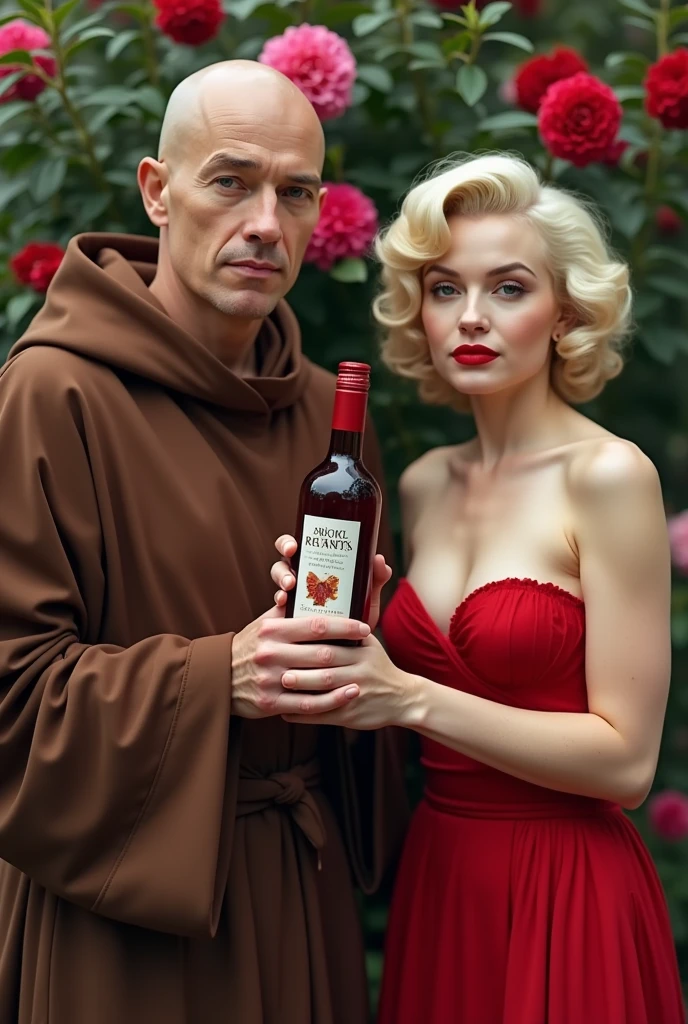 Frontal photo,Bald monk and Monroe holding a red wine bottle,Face facing the camera,Stand among the flowers。