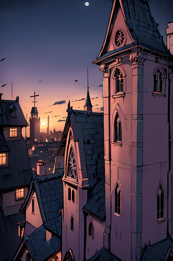 youtube banner, a big cross, Framing to the left, on top of a church, (a man on the roof, hugging a cross), looking to the down wearing a tactical suite, Comic books, comics, with a moon on twilight, cities, vista contra diving , in 4k high definition, purple and orange colors, twilight, (((High quality)))