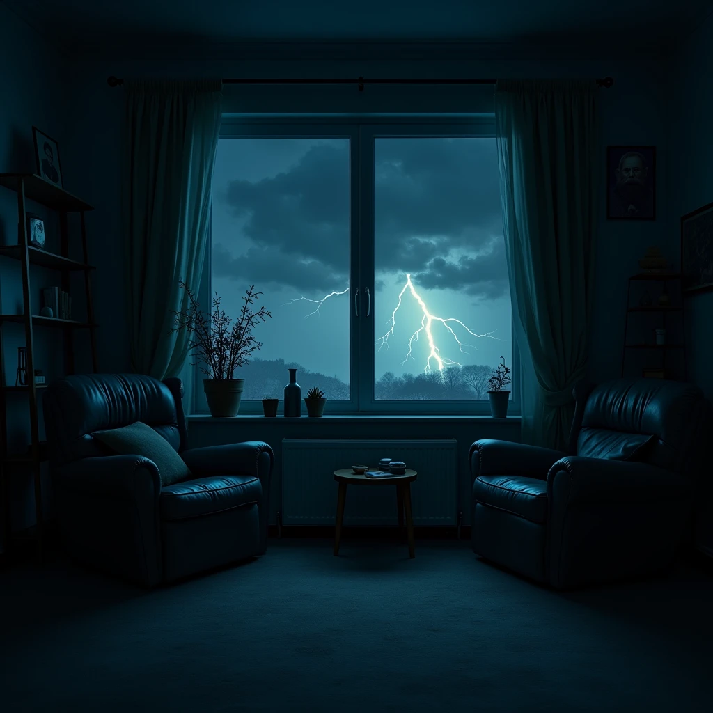 At night, the family room. Strong wind and lightning outside the window. Dark shadows in the room that are slowly merging into the corners of the room.