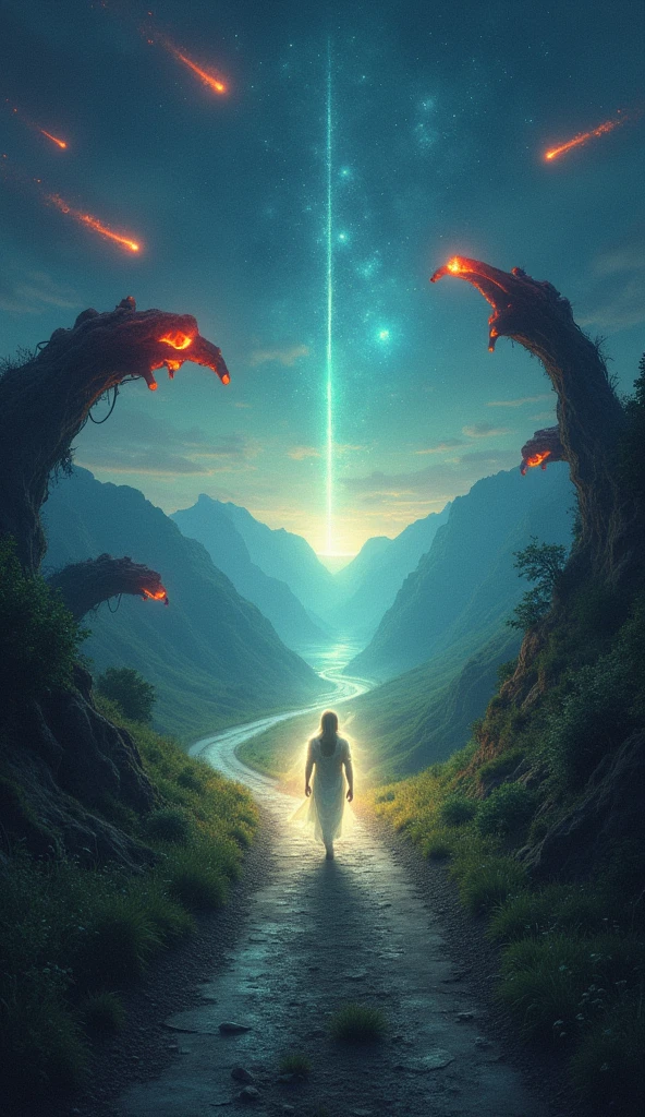 Illuminated person walking down a small winding road towards a small flash in the infinity. On the sides of the road evil hands coming out and trying to catch the character.From the sky, stars in flames are silent, with the occasional water comet, red demons emerge from the sides of the image .clear and beautiful landscape