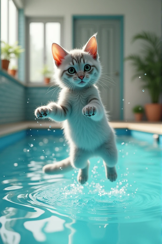 Cat jumping like a dolphin in a pool
