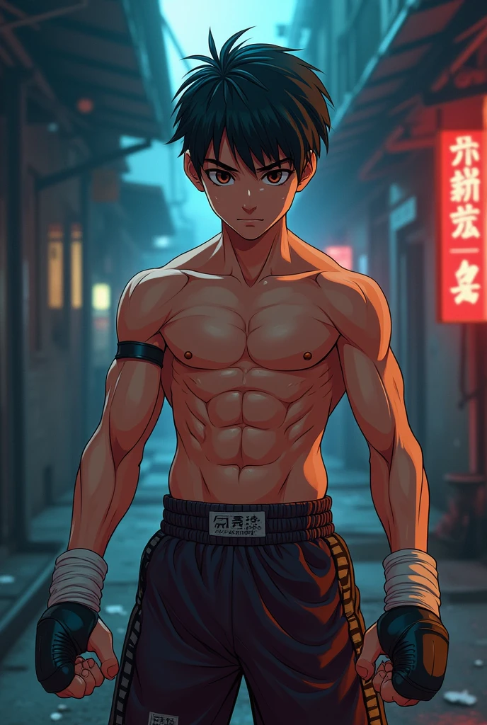 A young muaythai fighter in anime photography