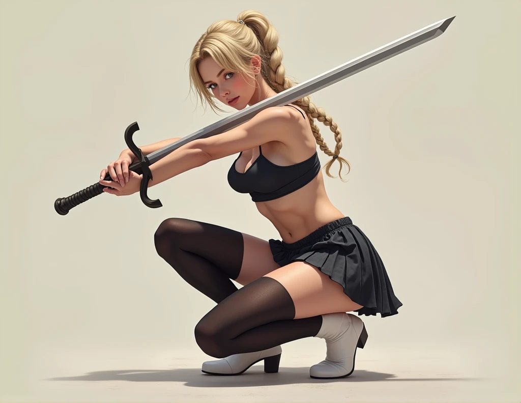 masterpiece, Best Quality, Super rendering, Super realistic, high detail face, Clean and delicate face, whole body, Crouch down and brandish a long sword., Anatomically correct grip on the sword, Unique braided blonde ponytail, split bangs, Forehead, She was wearing a camisole and a pleated miniskirt.., naked ass, open legs, sleeveless, black pantyhose, white short boots, looking at the viewer, simple color background