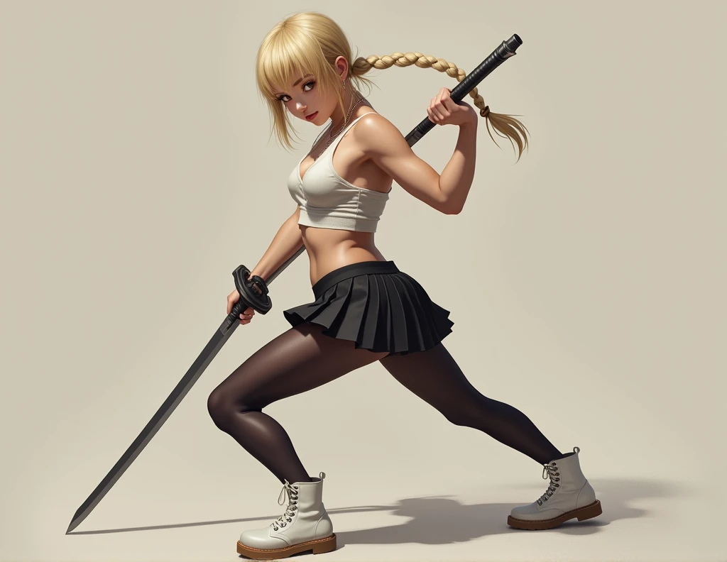 masterpiece, Best Quality, super rendering, super Realistic, High Detail Face, Clean and delicate face, whole body, Crouch and swing a long sword with one hand, grip the sword anatomically correctly, A tanned 19 year old girl, blue eyes, short mohawk blonde hair, parted bangs, forehead, wearing a camisole and pleated mini skirt, white high cut underwear, Sleeveless, black pantyhose, white short boots, glaring at the viewer, simple color background