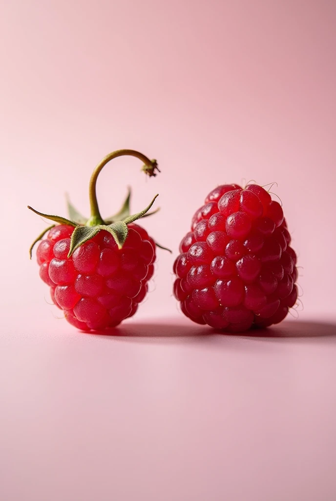 A wilted raspberry on the left side and a shiny raspberry on the right side , looking good. They are well separated in the scene.
