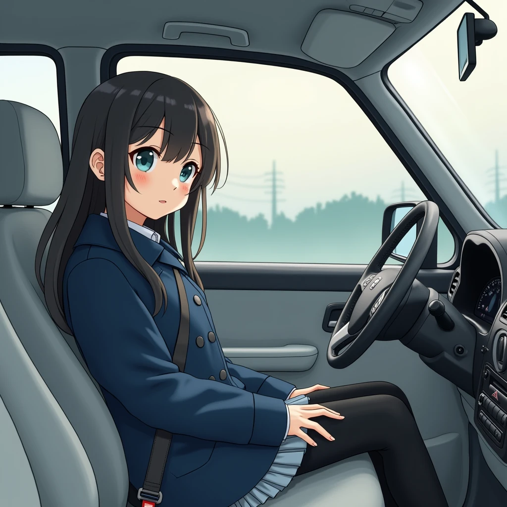
Pay attention to the cute high school girl&#39;s face,Fasten your seat belt、Full body shot of a high school girl sitting in the passenger seat of a Japanese car、Watching Me, Put your hands on your knees, Wearing a dark blue duffle coat, a grey pleated skirt and black tights, in the style of sōsaku hanga, Grey Academia, soft, Pale Wave, Dark blue and grey, Multiple styles, Mom rb67
