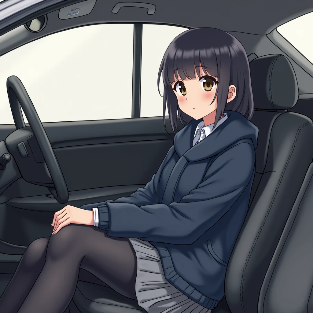 Pay attention to the cute high school girl's face,Fasten your seat belt、Full body shot of a high school girl sitting in the passenger seat of a Japanese car、Watching Me, Put your hands on your knees, Wearing a dark blue duffle coat, a grey pleated skirt and black tights, in the style of sōsaku hanga, Grey Academia, soft, Pale Wave, Dark blue and grey, Multiple styles, Mom rb67