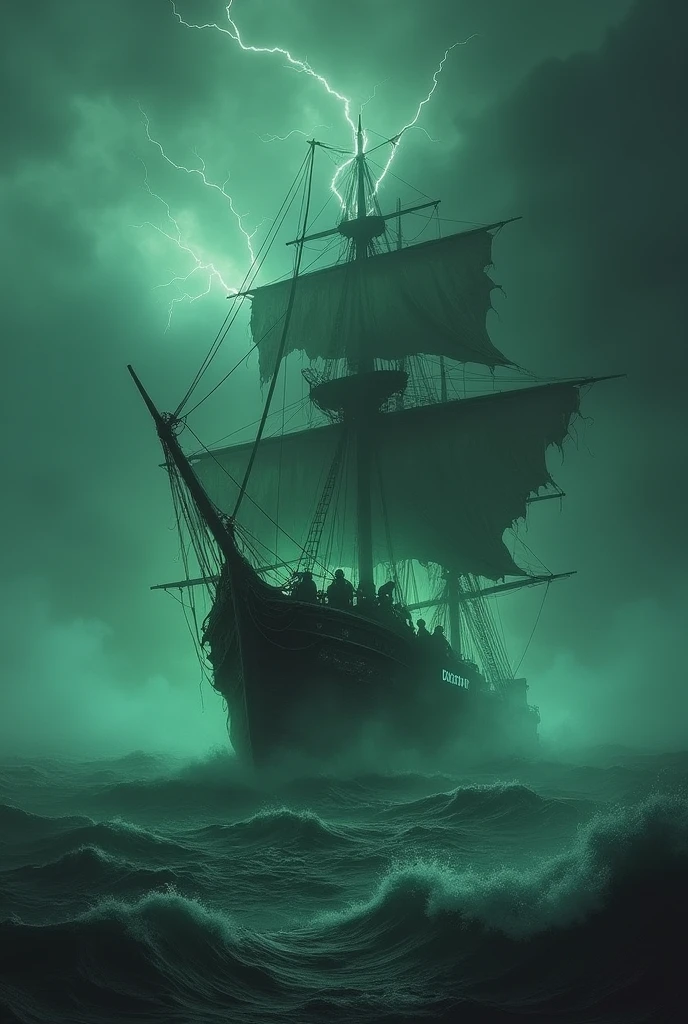 A ghostly ship with tattered sails gliding through a stormy sea at night, surrounded by eerie green mist. The ship is ancient, with spectral figures aboard, their hollow eyes glowing with an otherworldly light. The name 'Flying Dutchman' is barely visible on the bow, as lightning cracks the dark sky