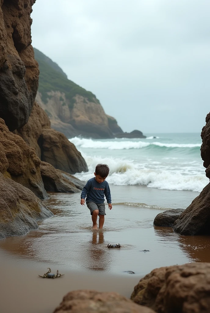 PHOTO ON THE BEACH OF ASTURIAS WITH NORMAL QUALITY. A BOY HUNTING CRABS IN THE DISTANCE AMONG THE ROCKS