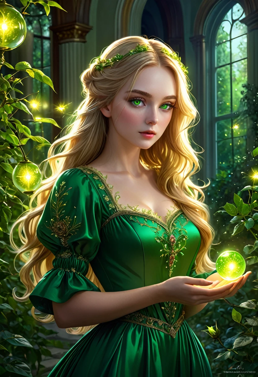 Beautiful girl, Young, 25 years, long light golden hair, green eyes, long, thick eyelashes, Light Healer, Combat, Strong, in a simple green dress from the 19th century, shining sphere in hands, in the mansion, Fireflies, trees and plants, rose with thorns, unearthly beauty, fantasy, digital art, bright light, complex parts, Focus on the face, Exquisite, sharpness, depth, photorealism, professional photo, cgi, diffuse reflection, full hd wallpaper, epic, 64k, f/16, 1/300s, s750, HDR, ultrahd, 50mm lens
