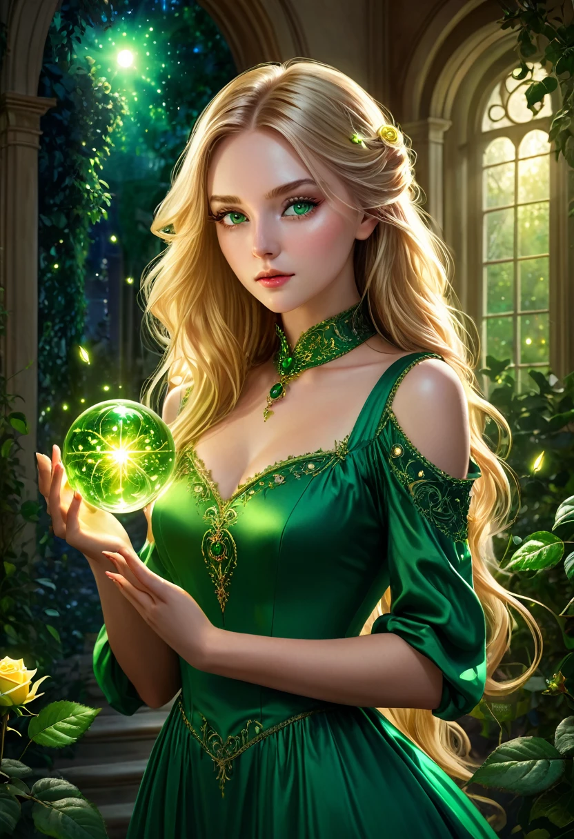 Beautiful girl, Young, 25 years, long light golden hair, green eyes, long, thick eyelashes, Light Healer, Combat, Strong, in a simple green dress from the 19th century, shining sphere in hands, in the mansion, Fireflies, trees and plants, rose with thorns, unearthly beauty, fantasy, digital art, bright light, complex parts, Focus on the face, Exquisite, sharpness, depth, photorealism, professional photo, cgi, diffuse reflection, full hd wallpaper, epic, 64k, f/16, 1/300s, s750, HDR, ultrahd, 50mm lens