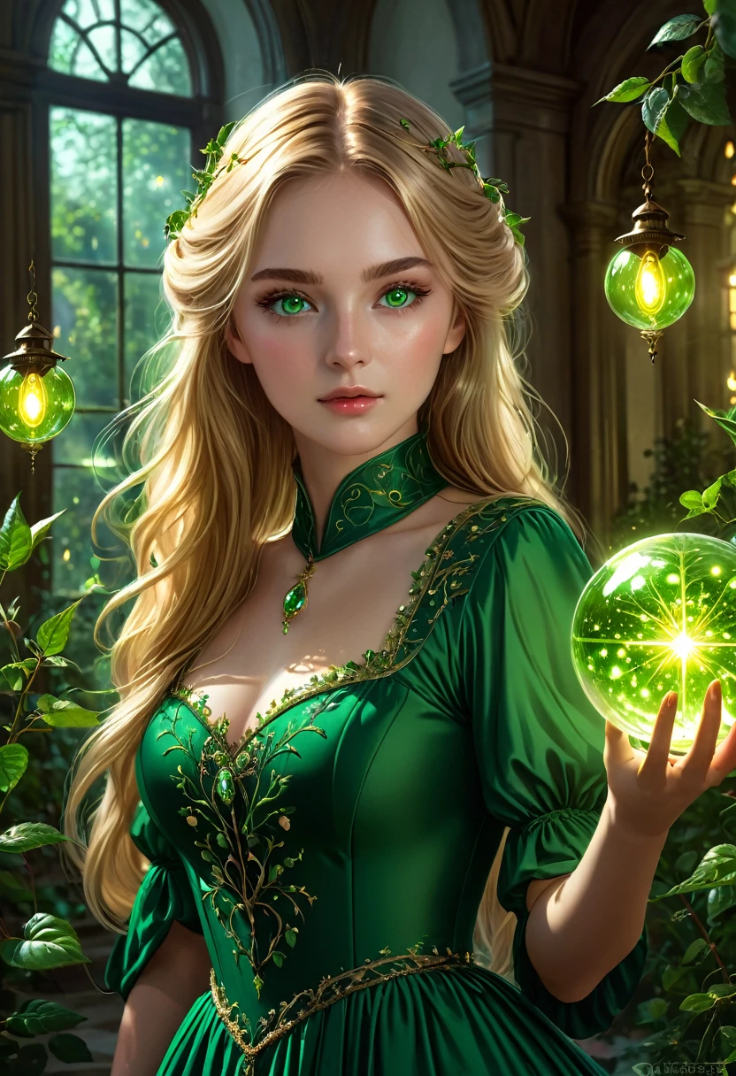 Beautiful girl, Young, 25 years, long light golden hair, green eyes, long, thick eyelashes, Light Healer, Combat, Strong, in a simple green dress from the 19th century, shining sphere in hands, in the mansion, Fireflies, trees and plants, rose with thorns, unearthly beauty, fantasy, digital art, bright light, complex parts, Focus on the face, Exquisite, sharpness, depth, photorealism, professional photo, cgi, diffuse reflection, full hd wallpaper, epic, 64k, f/16, 1/300s, s750, HDR, ultrahd, 50mm lens