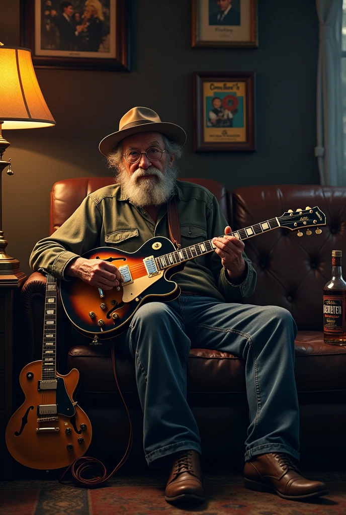 I want a blues player sitting on the couch with bottles of whiskey and his Gibson electric guitar by his side, the whiskey bottles have to appear next to the guitar, and next to it blues records by Eric Clapton and Albert King.