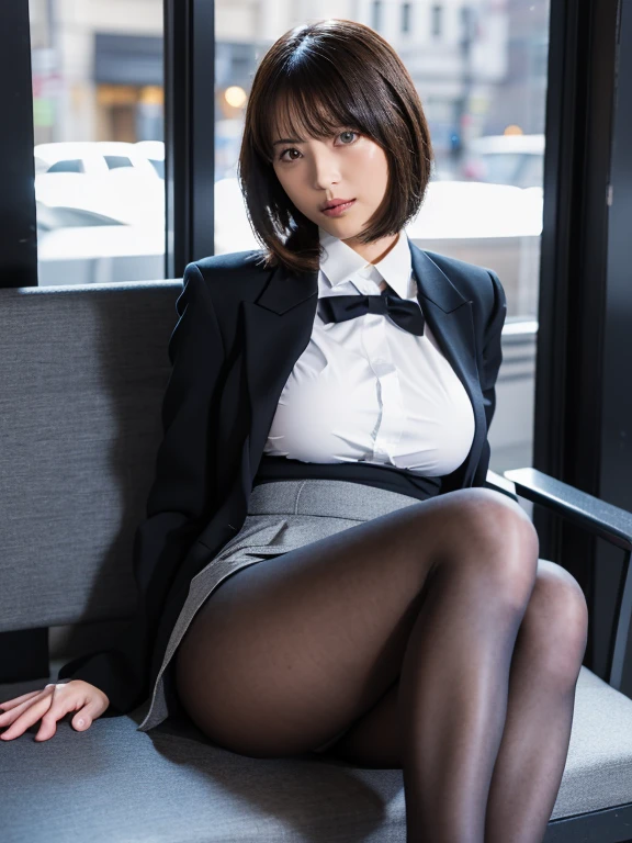 Cinema scene Accurate depiction of hands and feet Black Pantyhose Spread your legs Office Lady Suit City night view The most beautiful woman in Japan Sitting on a bench Skirt Lift No panties in full view ((small and soft breasts))、(Breast bulge accentuated through clothes:1.3) Stiletto heels mini skirt