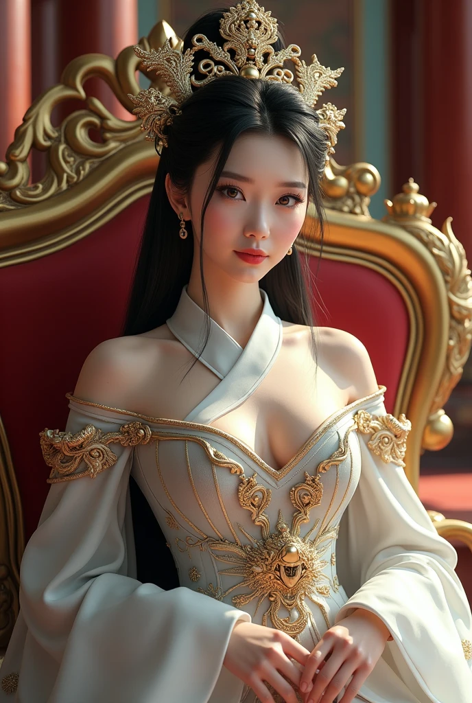 (ultra-detailed, photorealistic, best quality, 4k, highres, masterpiece:1.3), Crown Princess Xian Li in her ceremonial attire, snow-white flawless skin, long straight black hair, elaborate headdress made of gold and precious jewels, piercing cold gray eyes, deep red lips contrasting her pale complexion, (voluptuous and alluring figure), ((wearing an exquisite ceremonial gown with intricate embroidery and delicate lace)), the gown features intricate patterns of dragons and phoenixes symbolizing power and rebirth, form-fitting bodice accentuating her curves, long flowing sleeves and a high collar adding to her regal appearance, background elements of the royal palace, rich decor, grand pillars, opulent tapestries, and golden ornaments, a majestic throne behind her, serene and emotionless calm expression, highlighting her royal status and ethereal beauty, (intricate detail, super finely detailed hands, ultra finely detailed fingers, full body showcase, show full body).