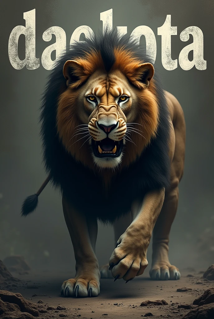 Daekota text in background of aggressive lion
