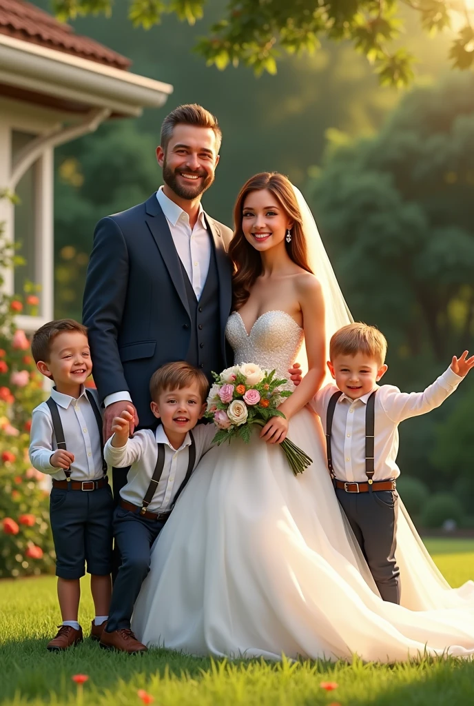 Photorealism : yard in the afternoon, happy family picture, wedding day, man in suit, woman with straight hair and wedding dress, five kids all boys sitting around