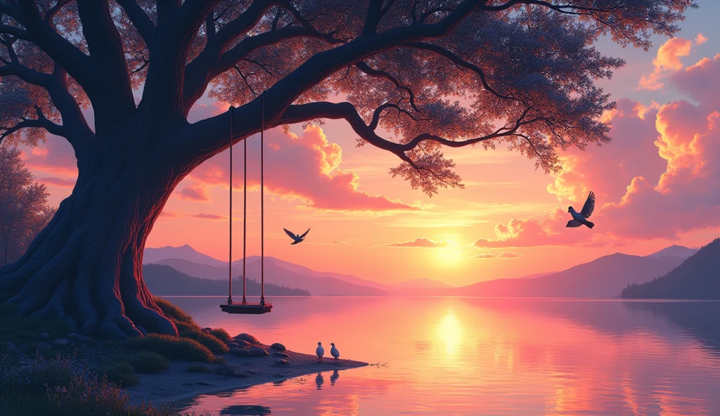Dynamic pose, Strong contrast, Good depth of field, 8K wallpaper, Masterpiece, Aesthetic Mystical illustration in realistic style, best quality, natural light, high res, highly detailed, All the colors and materials in this work are very harmoniously combine, Sunset Over a Crystal Clear Lake: A stunning sunset paints the sky in hues of orange, pink, and violet, reflecting perfectly on a crystal-clear lake. On the shore, a large, ancient oak tree with sprawling branches provides a natural frame. A swing hangs from one of its branches, empty but gently swaying in the breeze. A couple of doves sit on the tree, their feathers ruffled by the wind, symbolizing peace and love. Как один и тот же цвет. Лучшее качество. 8К Ультра HD. В небе облака