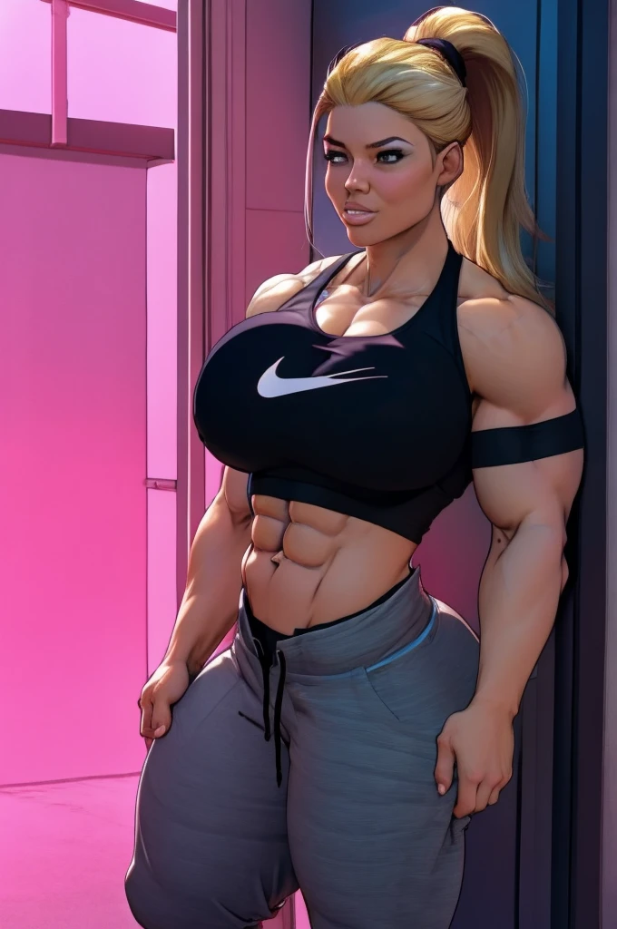 Best_QualityPos, RAW photo, intricate details, best quality, 8k uhd, bright lighting, 1girl, solo, beefy blonde personal bodyguard, (looking with reverence), ponytail hairstyle, Dunja Bitar, in a tight tactical wear, in front of home door, bulky muscular female, top filled too tight, fake tits pressed in a too tight top (breast implants, fake , unaligned breasts, perfectly round breasts), with taut top fabric stretching over chest, in a sexy pose, big breast implants