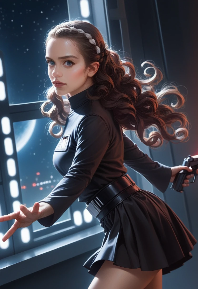 obra maestra, mejor calidad, Emilia Clarke as Qi'ra, brunette curly long hair, mid shot, running in a futuristic star wars room throne near a window at night, wide open eyes, wears a mini red mini skirt , dark side star wars sith, misterious, masterpiece, 8k, dinamic pose, holding a star wars gun, sensual, 