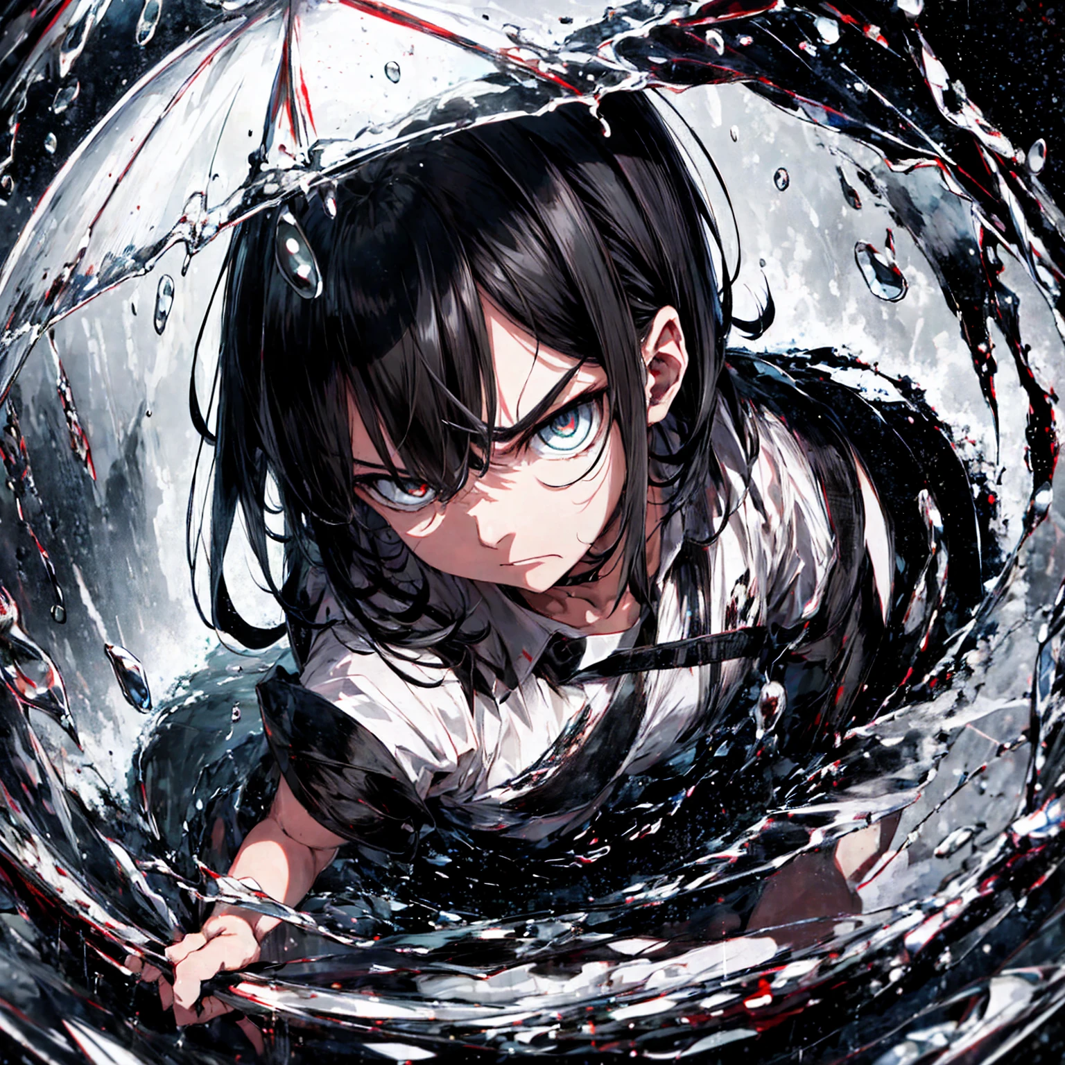 (Best Quality,8k,Ultra-detailed),(Realist:1.37),(Portraiture,Conceptual artist),Intense colors,Sharp focus,(rain:0.9),(Angry Eyes:1.1),length, Damp black hair,Glass barrel bottom,Eye contact with viewers,violent storm background,終わりのないrain)