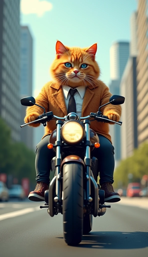 Make a picture of a fat obese orange cat, blue eyes, wear cool clothes, sports shoes and tie, riding a motorbike wearing a helmet, facing the camera, against the backdrop of a modern city, full body, wide, super realistic 8k images