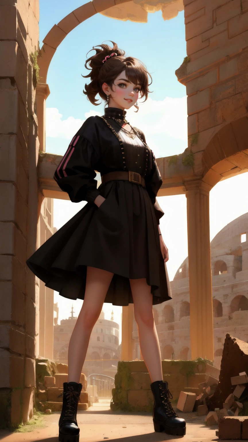 A cute, beautiful girl with a mischievous grin, dressed in a quirky, punk-inspired outfit, standing in the middle of a large, ancient coliseum. The arena is filled with scattered debris, and the ground is covered in a dusty, brown hue. The towering walls of the coliseum curve upwards with balconies and weathered stone architecture. The letters 'GM' dominate the background, and the phrase 'Permanent Temporary Fix' is boldly displayed.