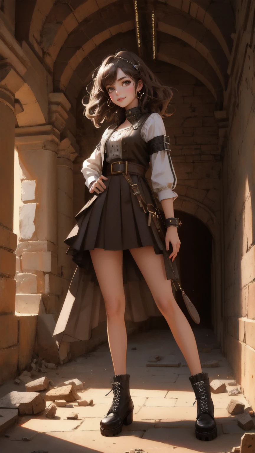 A cute, beautiful girl with a mischievous grin, dressed in a quirky, punk-inspired outfit, standing in the middle of a large, ancient coliseum. The arena is filled with scattered debris, and the ground is covered in a dusty, brown hue. The towering walls of the coliseum curve upwards with balconies and weathered stone architecture. The letters 'GM' dominate the background, and the phrase 'Permanent Temporary Fix' is boldly displayed.