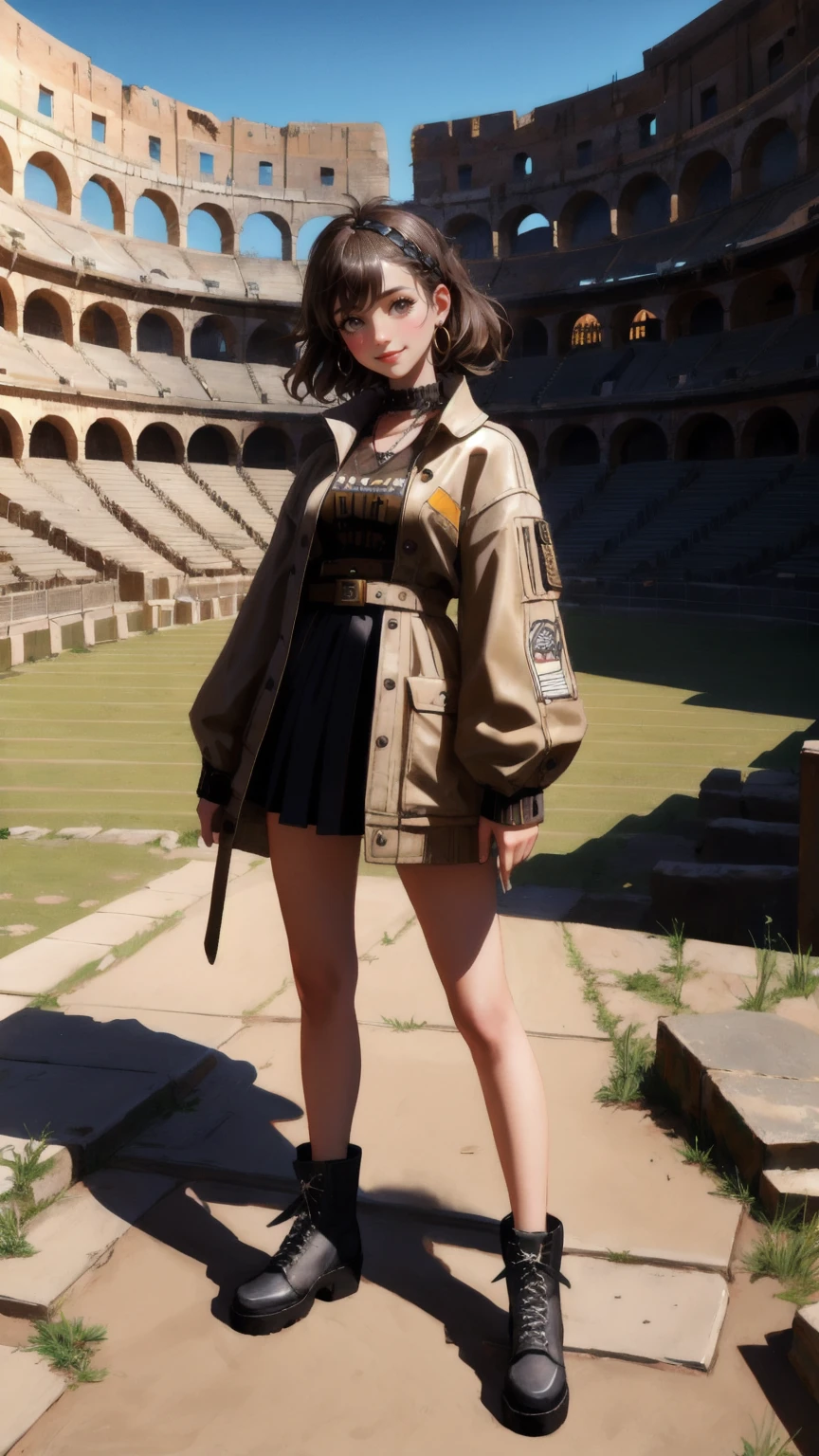 A cute, beautiful girl with a mischievous grin, dressed in a quirky, punk-inspired outfit, standing in the middle of a large, ancient coliseum. The arena is filled with scattered debris, and the ground is covered in a dusty, brown hue. The towering walls of the coliseum curve upwards with balconies and weathered stone architecture. The letters 'GM' dominate the background, and the phrase 'Permanent Temporary Fix' is boldly displayed.